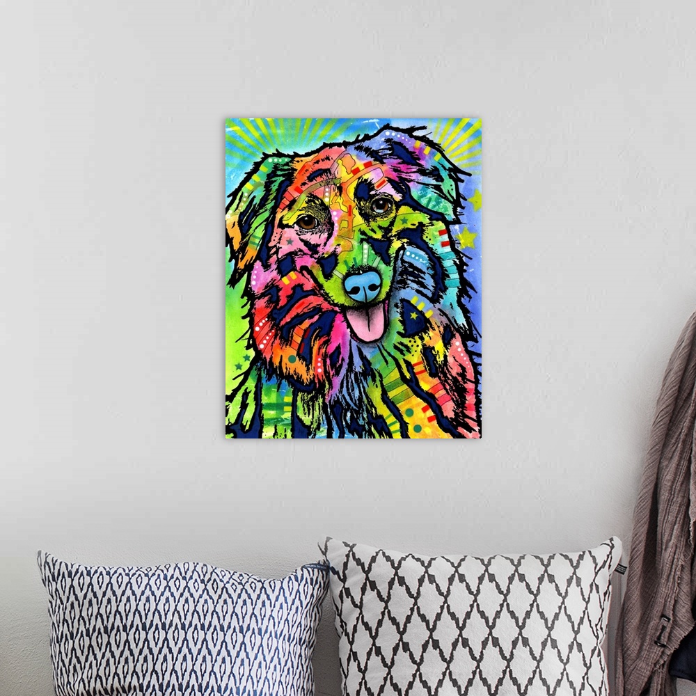 A bohemian room featuring Contemporary stencil painting of a dog filled with various colors and patterns.