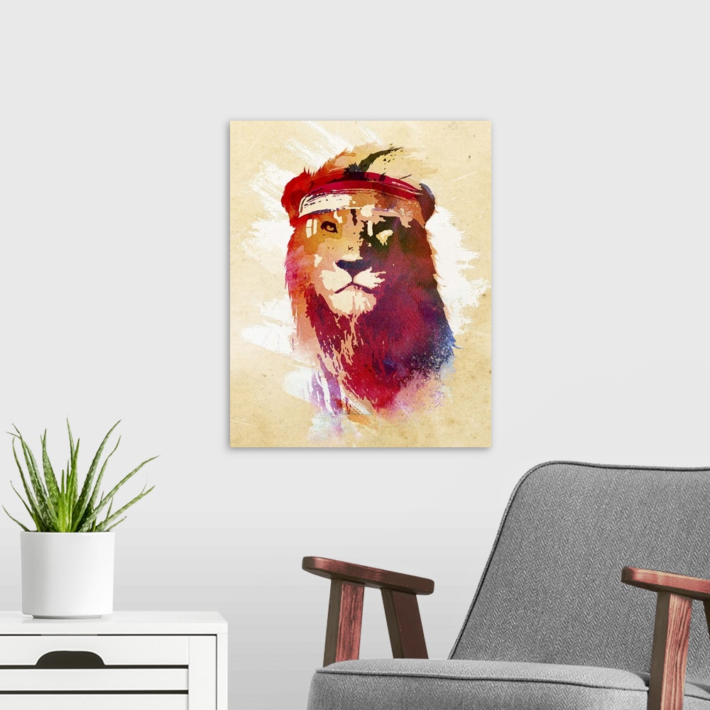 A modern room featuring Contemporary artwork of a lion wearing a gym headband.