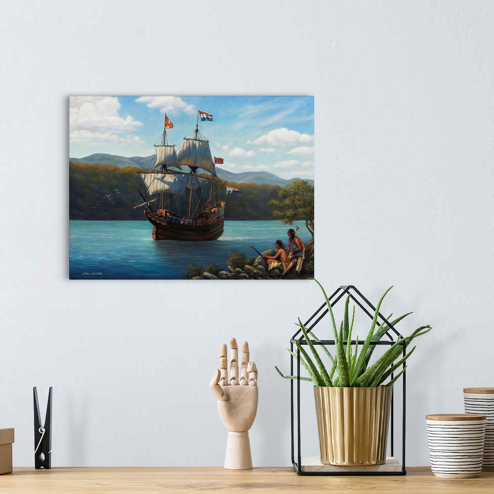 A bohemian room featuring Ship sailing on the Hudson River in New York.