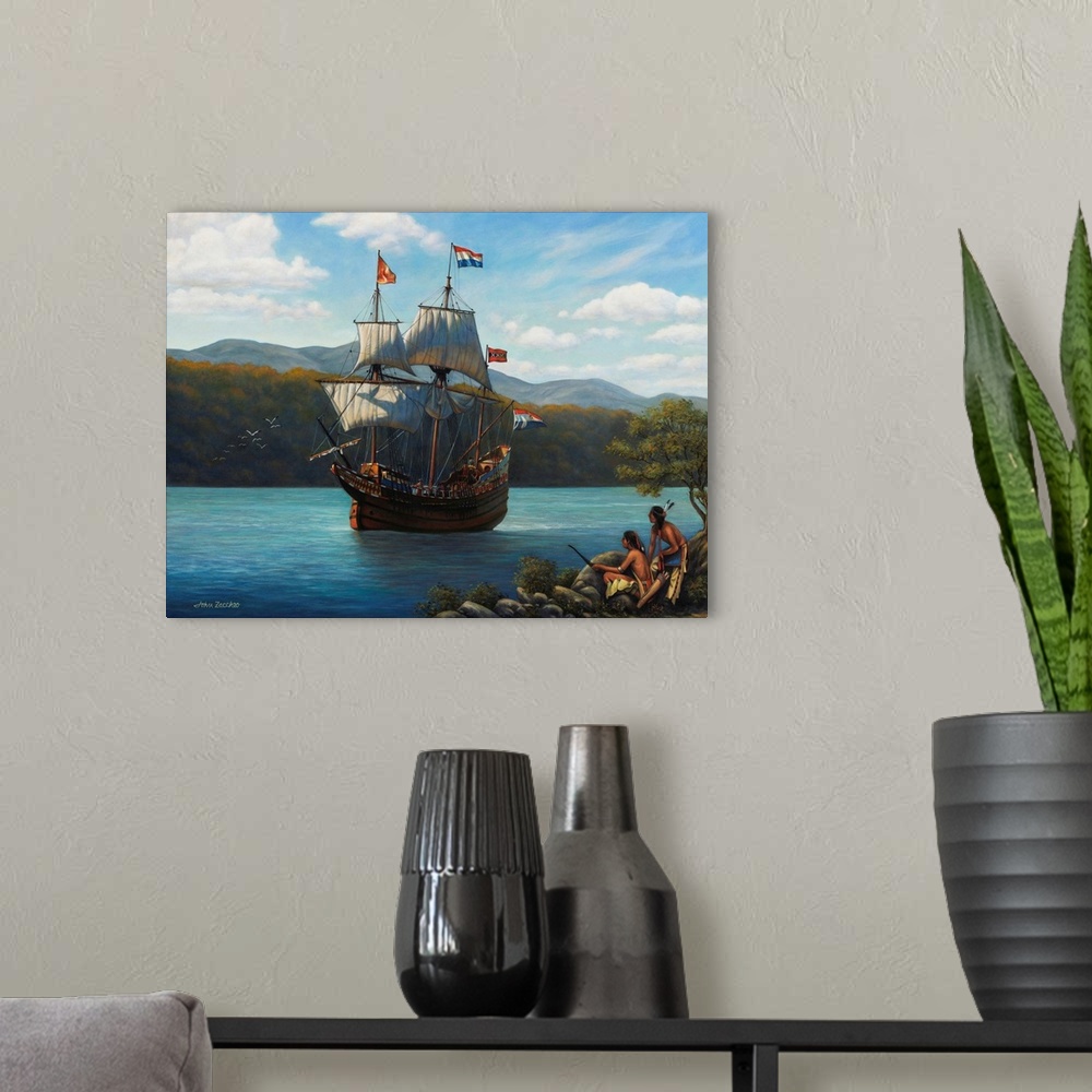 A modern room featuring Ship sailing on the Hudson River in New York.