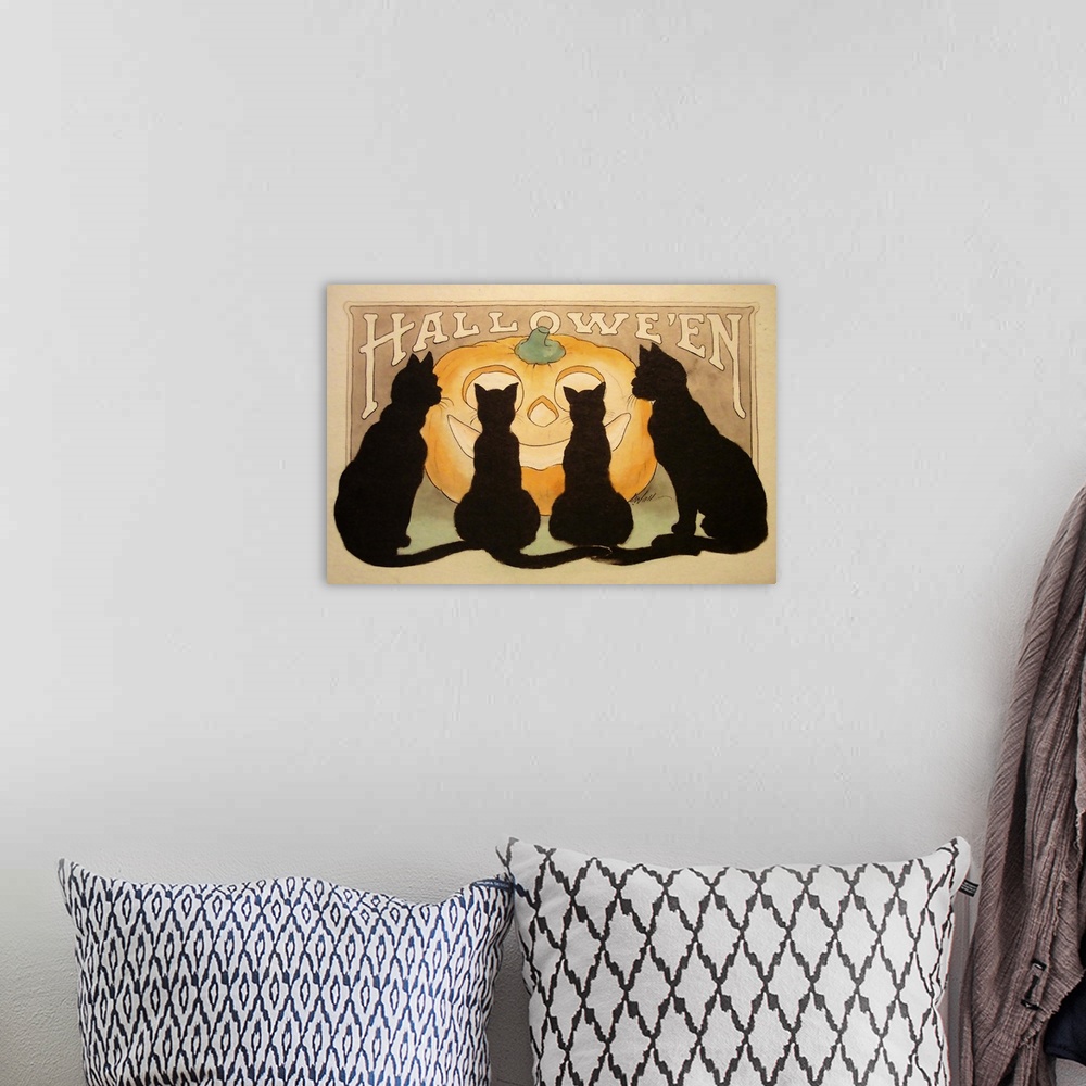 A bohemian room featuring A vintage illustration of four black cats staring at a smiling jack-o-lantern.