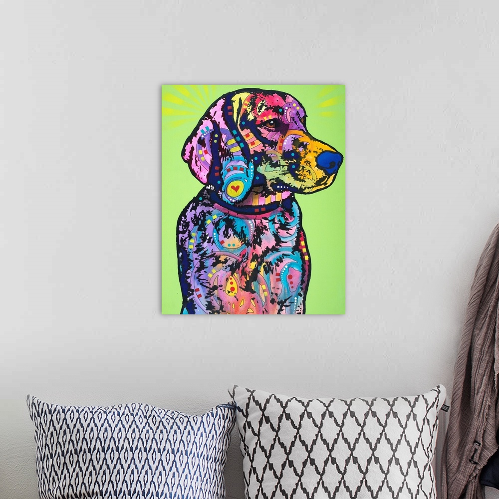 A bohemian room featuring Colorful painting of a retriever with abstract designs on a green background.