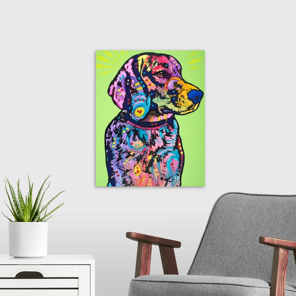A modern room featuring Colorful painting of a retriever with abstract designs on a green background.