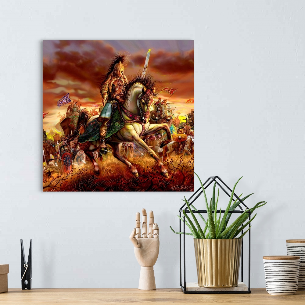 A bohemian room featuring Epic warrior on horseback at the head of an army.