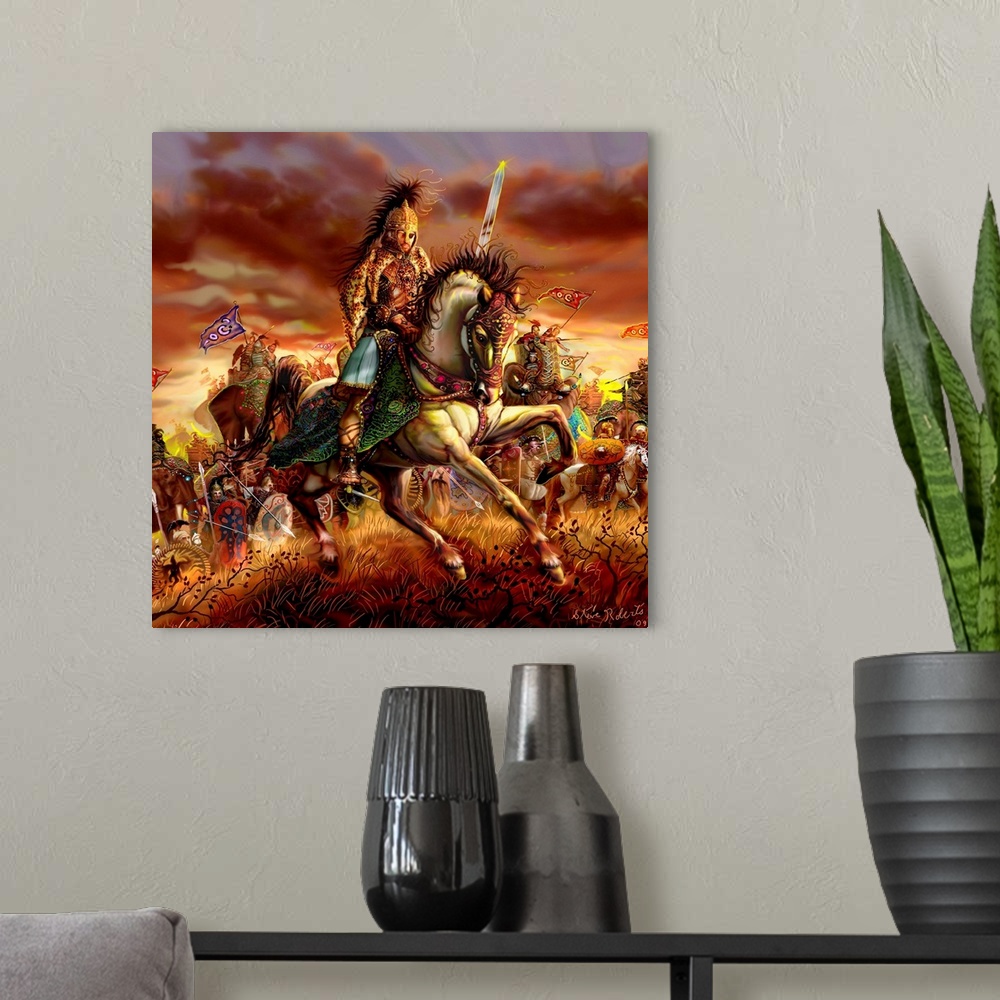 A modern room featuring Epic warrior on horseback at the head of an army.