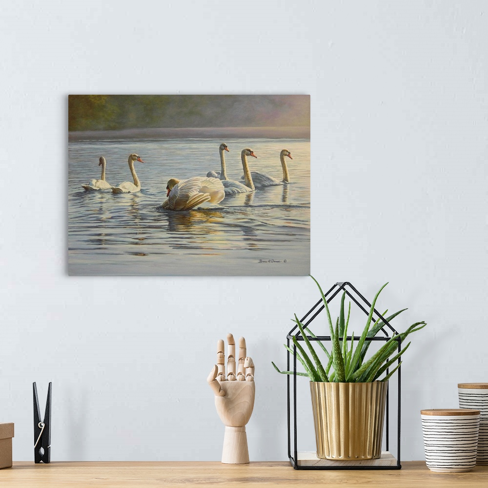 A bohemian room featuring Contemporary artwork of six swans swimming in a pond.