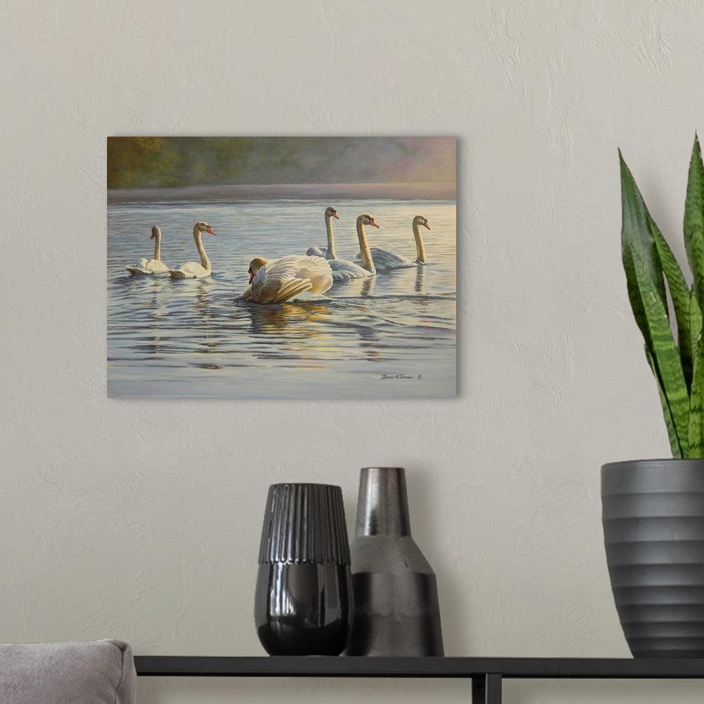 A modern room featuring Contemporary artwork of six swans swimming in a pond.