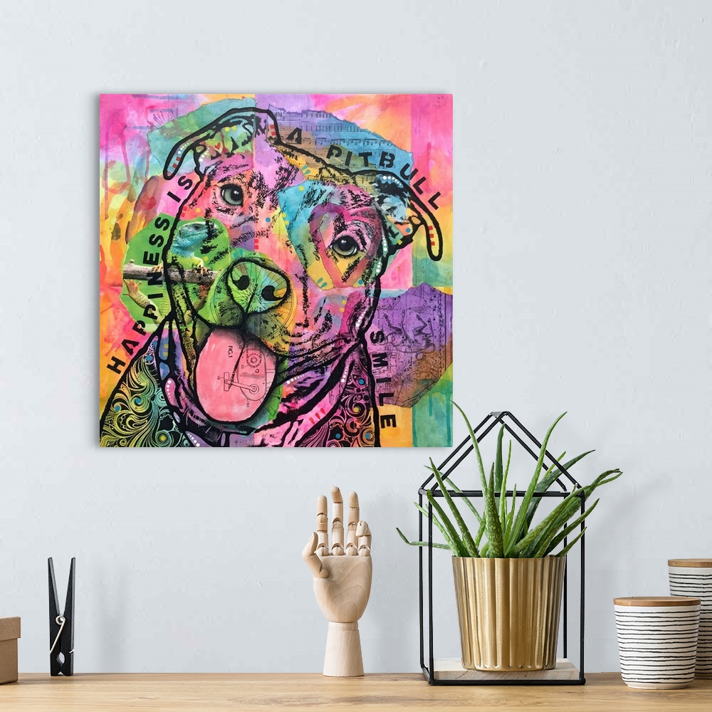 A bohemian room featuring Contemporary stencil painting of a pit bull filled with various colors and patterns and the text,...