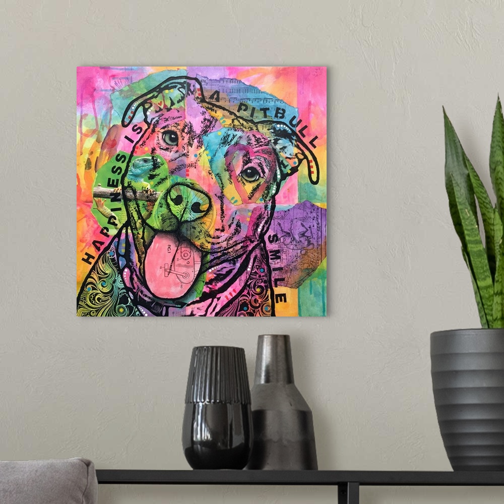 A modern room featuring Contemporary stencil painting of a pit bull filled with various colors and patterns and the text,...