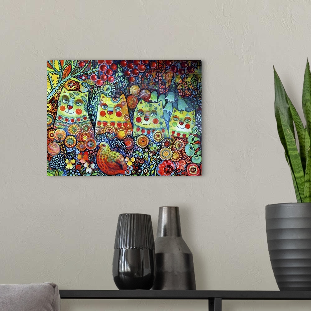 A modern room featuring Watercolor painting of a group of four cats sitting in brightly colored flowers.