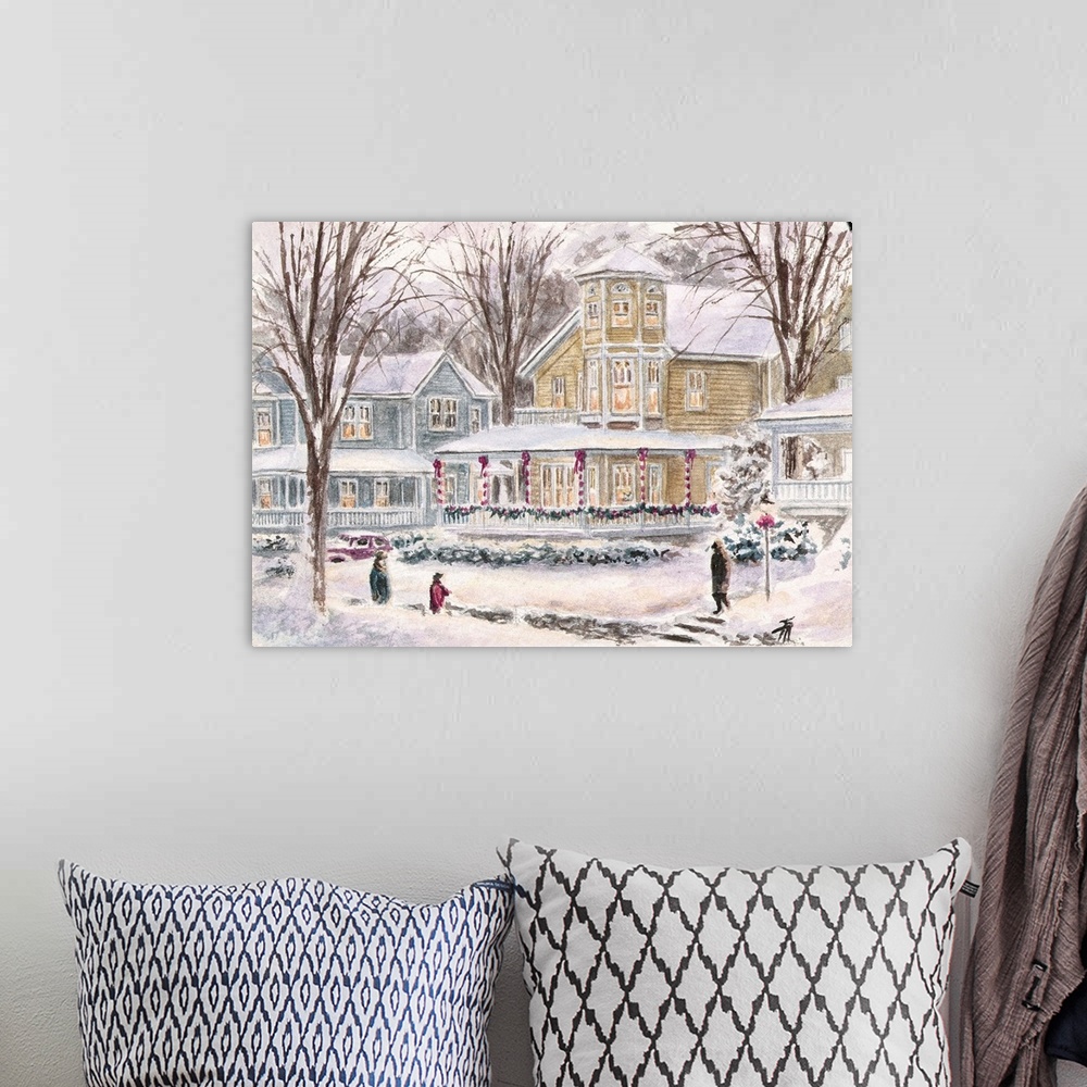 A bohemian room featuring Idyllic rural neighborhood house covered in snow in winter.