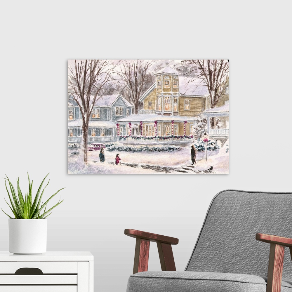 A modern room featuring Idyllic rural neighborhood house covered in snow in winter.