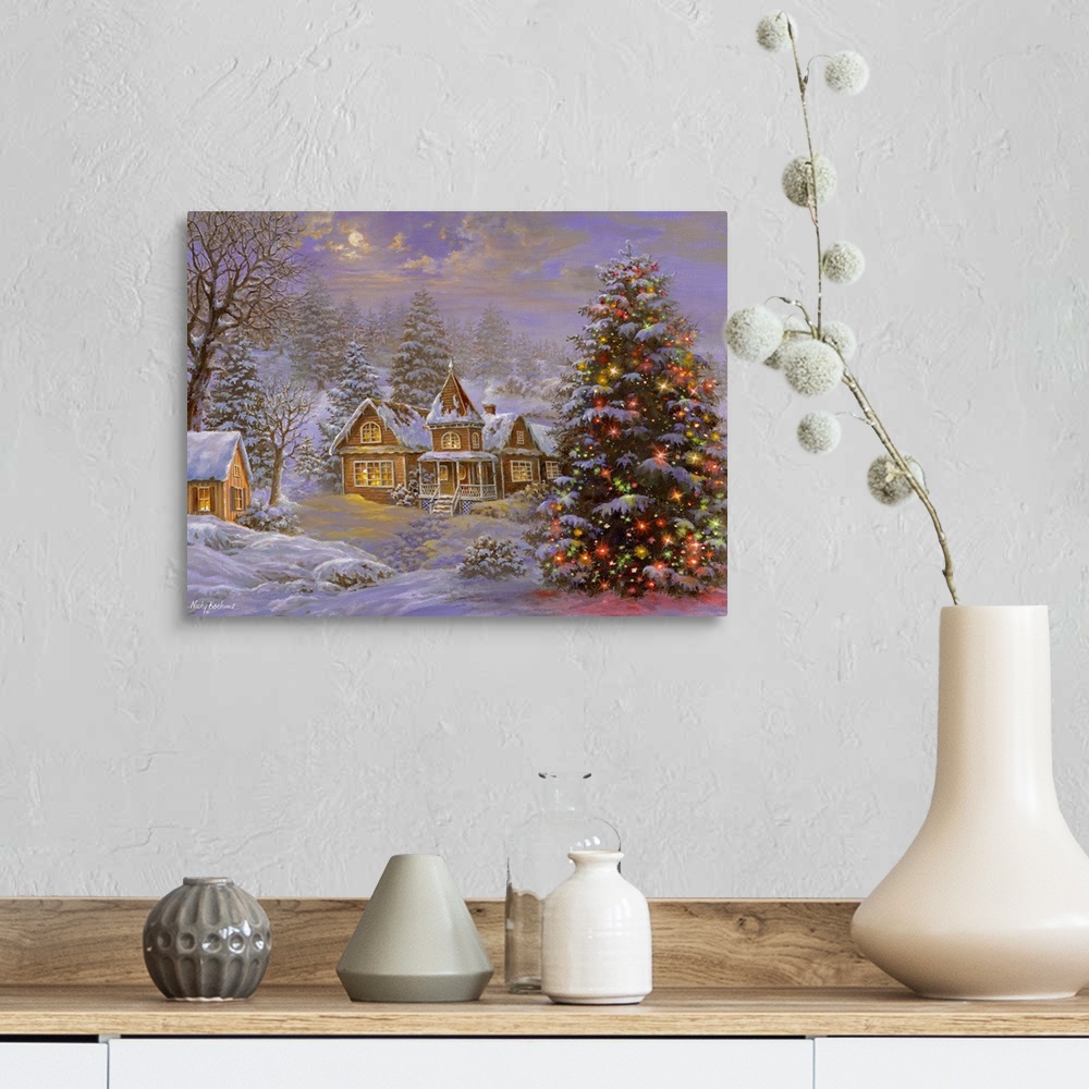 A farmhouse room featuring Painting of village scene featuring a large Christmas tree. Product is a painting reproduction on...