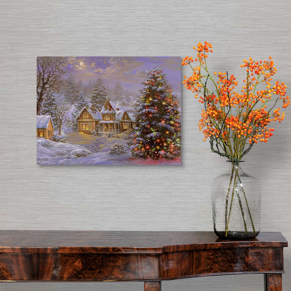 A traditional room featuring Painting of village scene featuring a large Christmas tree. Product is a painting reproduction on...