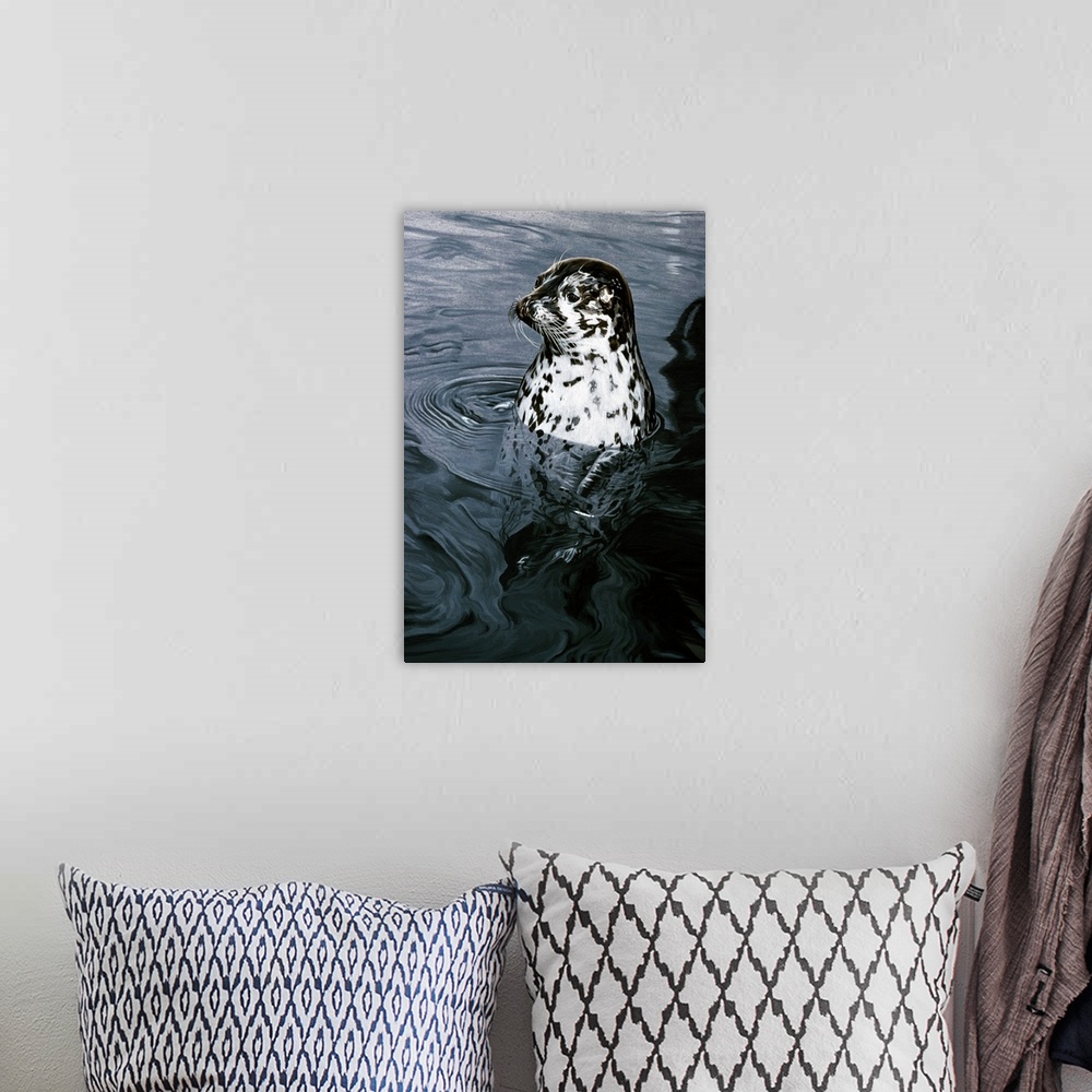 A bohemian room featuring A seal swimming through the water.