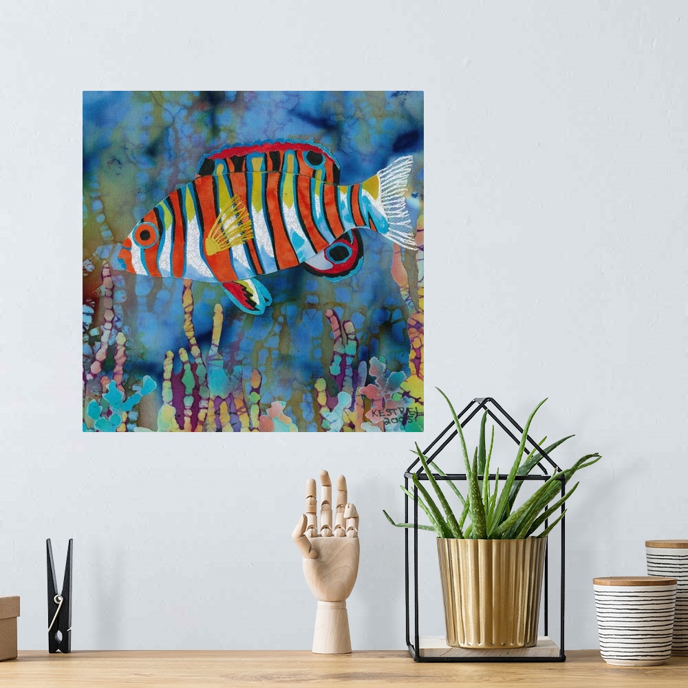 A bohemian room featuring Contemporary colorful painting of a tropical fish.