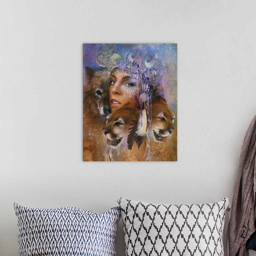 A bohemian room featuring Woman surrounded by cougars and wolves.