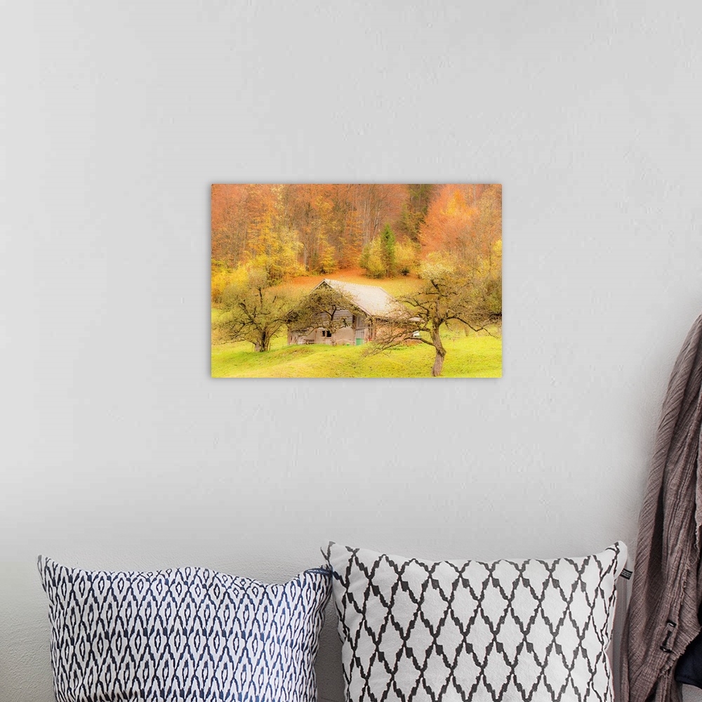 A bohemian room featuring Landscape photograph of an old barn on a hill surrounded by Autumn trees.