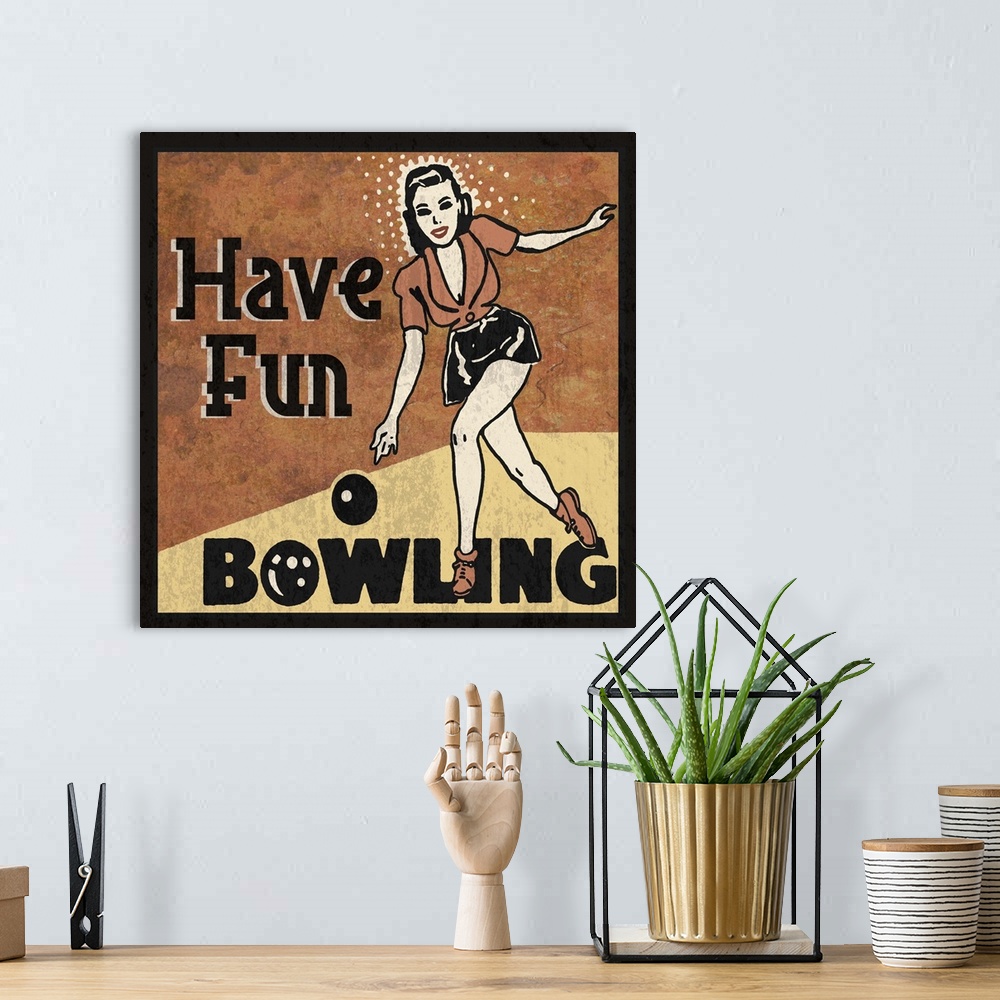 A bohemian room featuring Vintage style sign with a young woman bowling.