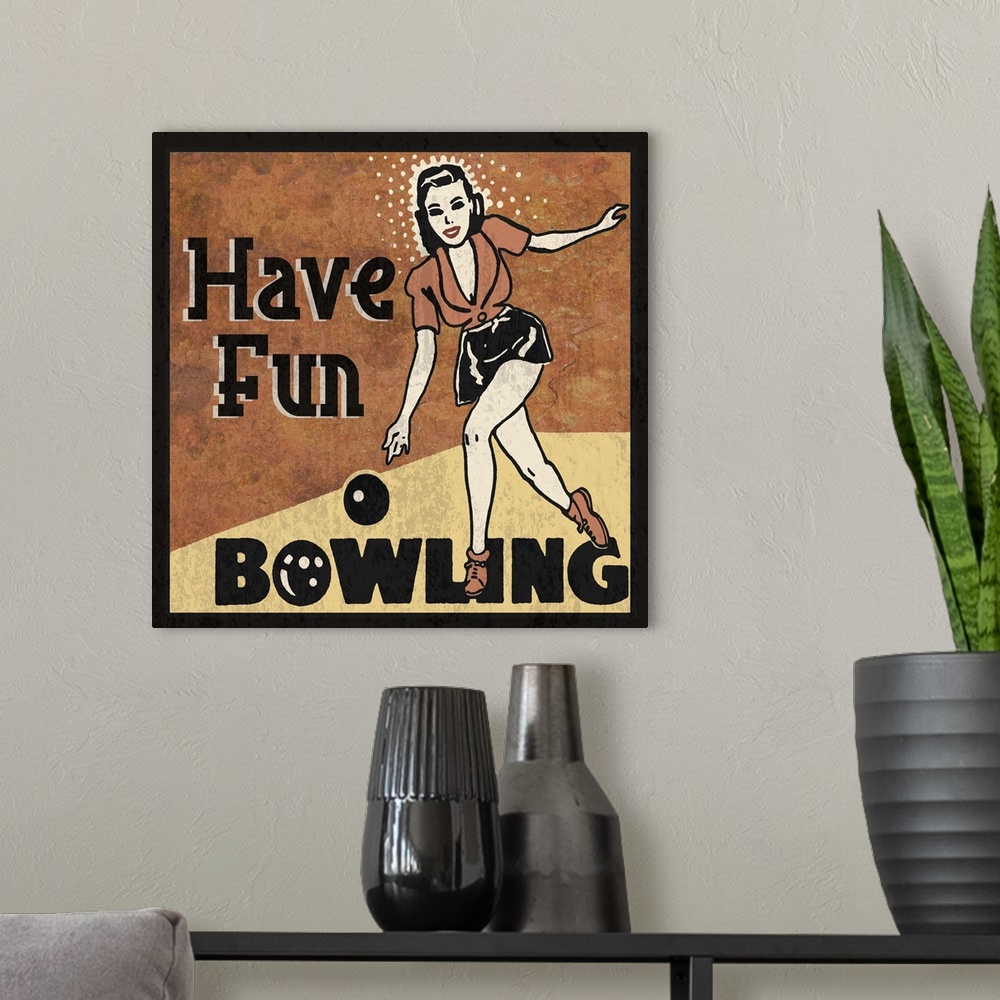 A modern room featuring Vintage style sign with a young woman bowling.