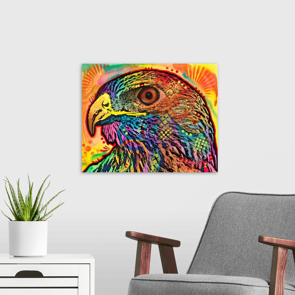 A modern room featuring Close-up illustration of a hawk covered in colorful designs.