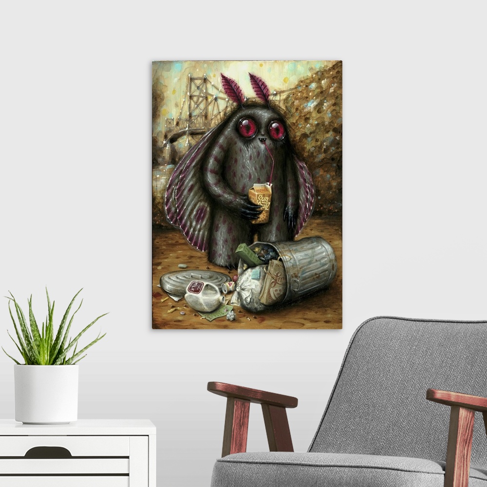 A modern room featuring Surrealist painting of a winged insect type monster sipping from a juice carton while standing ov...