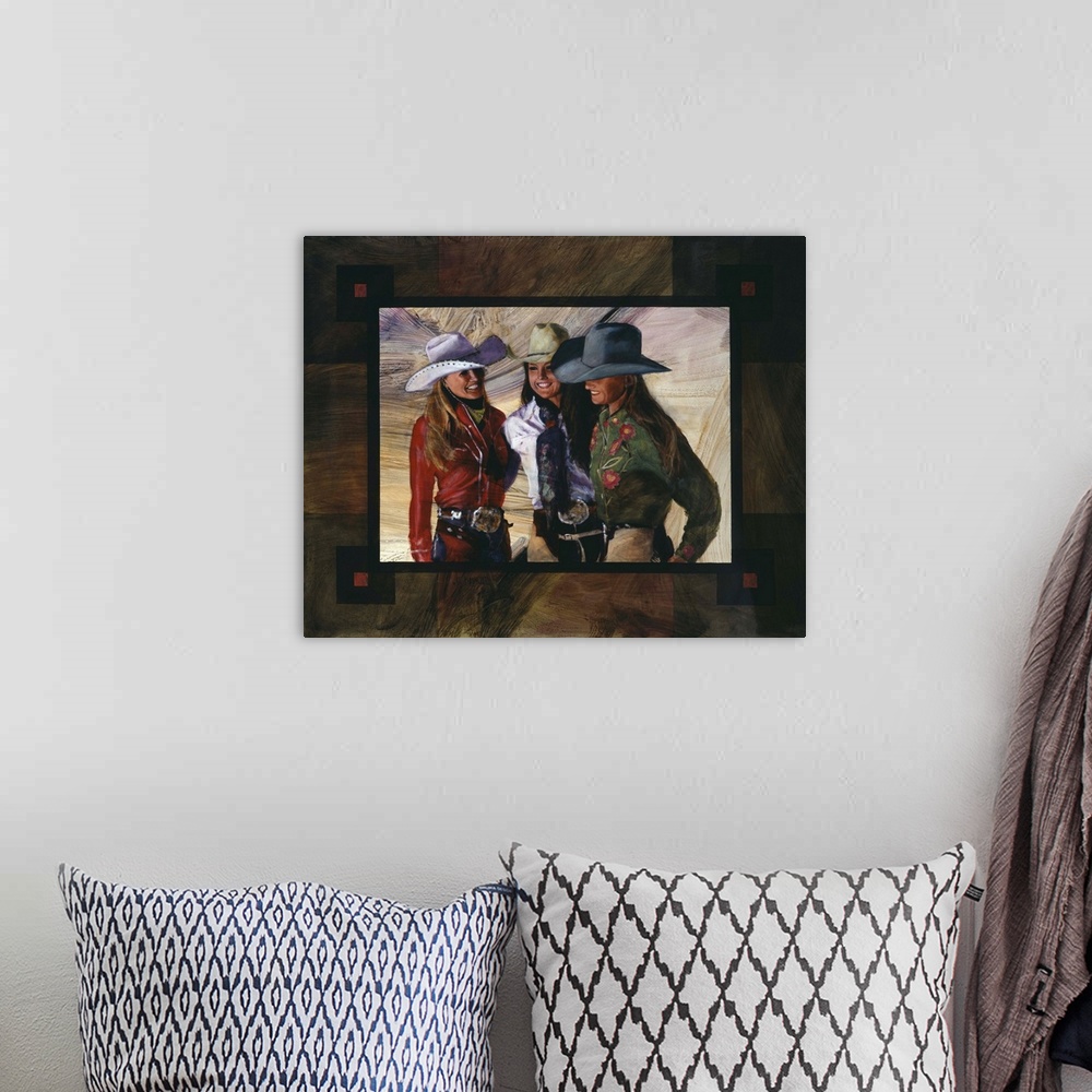 A bohemian room featuring Contemporary western theme painting of three cowgirls.