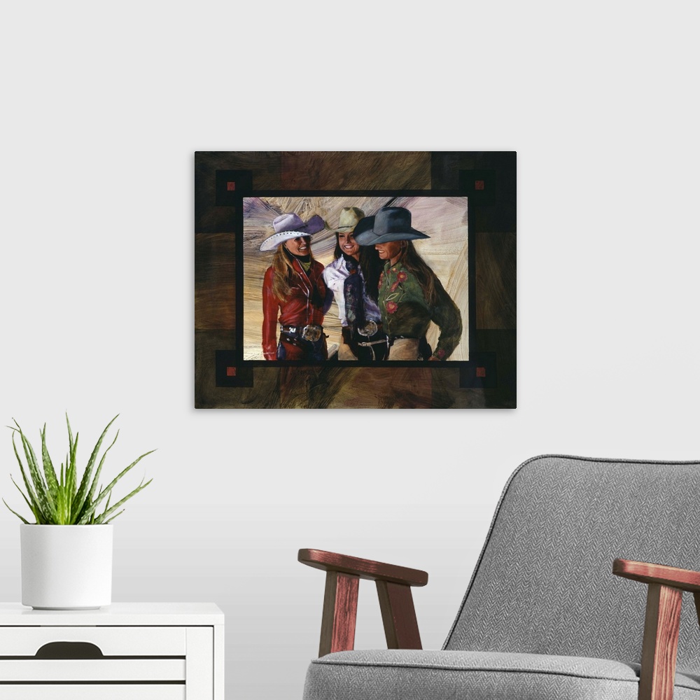 A modern room featuring Contemporary western theme painting of three cowgirls.