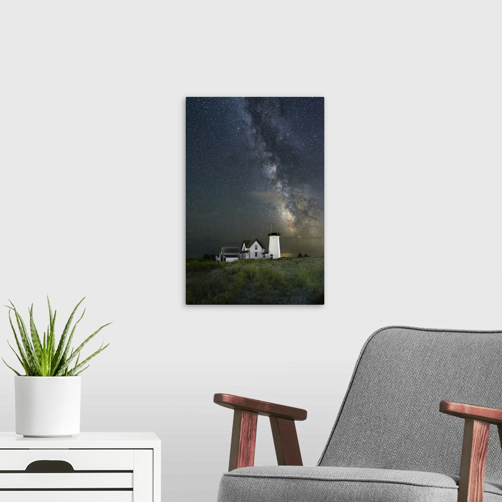 A modern room featuring Photograph of Headless Tower Lighthouse (now a private residence) at night with the stars and Mil...