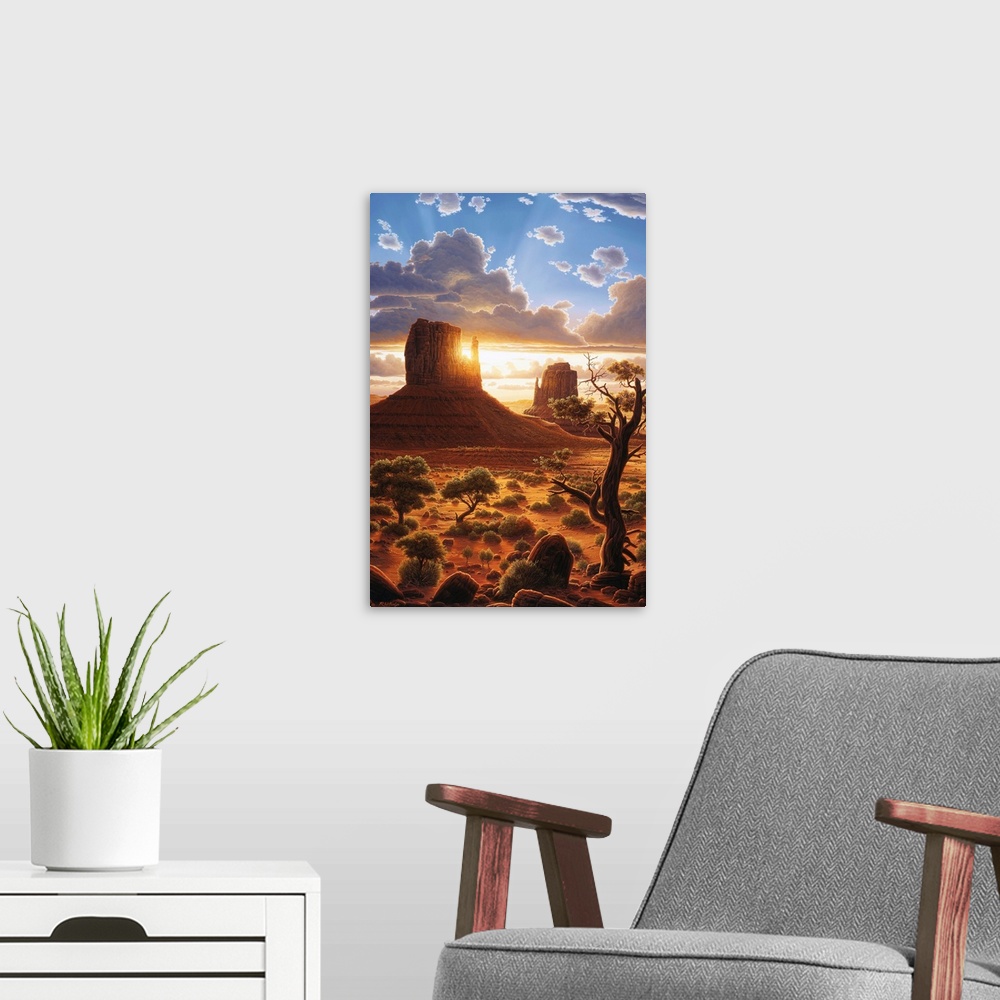 A modern room featuring The sun peeking through the clouds in the desert.