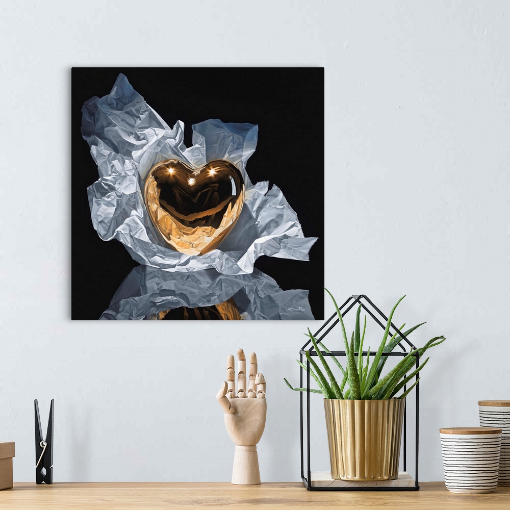 A bohemian room featuring Contemporary vivid realistic still-life painting of a golden reflective heart heart figurine sitt...