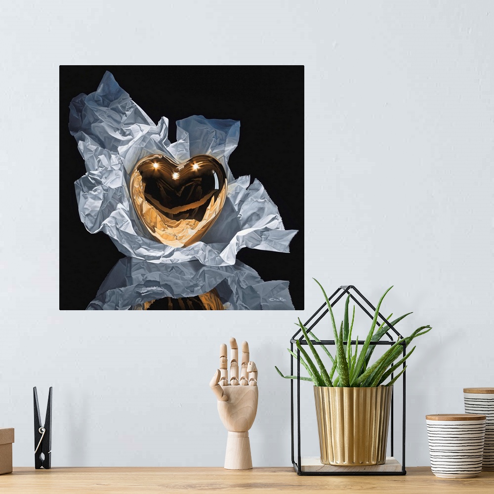A bohemian room featuring Contemporary vivid realistic still-life painting of a golden reflective heart heart figurine sitt...