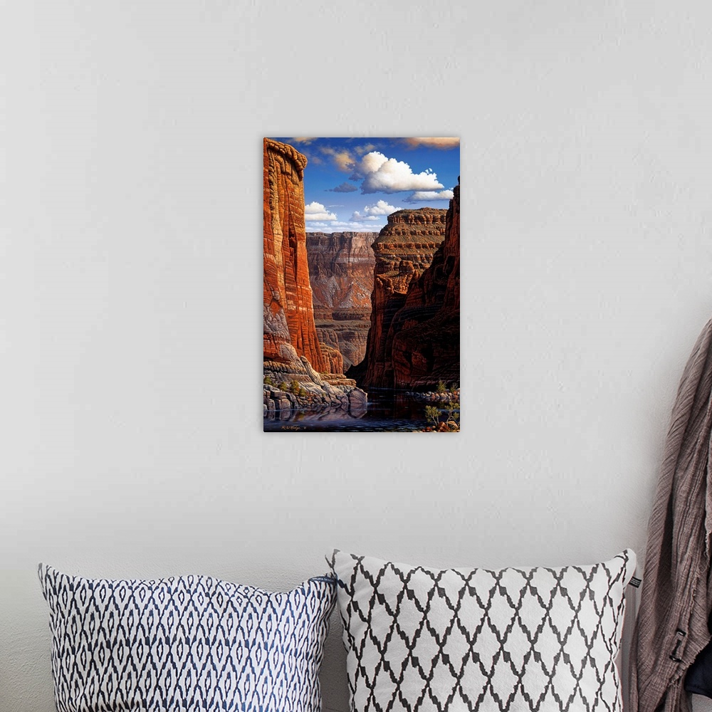 A bohemian room featuring Contemporary landscape painting of the Grand Canyon as seen from the river on the canyon floor.