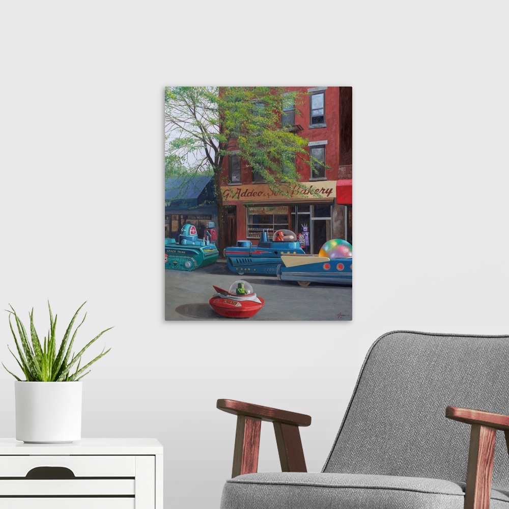A modern room featuring A contemporary painting of a street scene in a city with retro toy robots driving spaceship vehic...