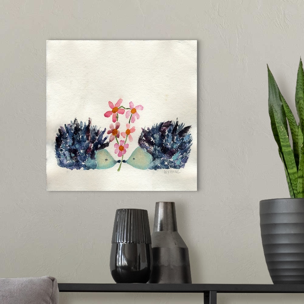 A modern room featuring Two blue hedgehogs with flowers.
