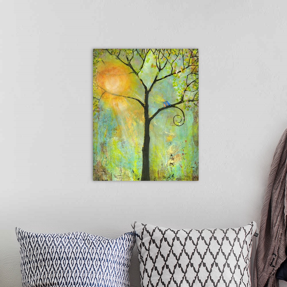 A bohemian room featuring Lighthearted contemporary painting of a tree with bare branches.