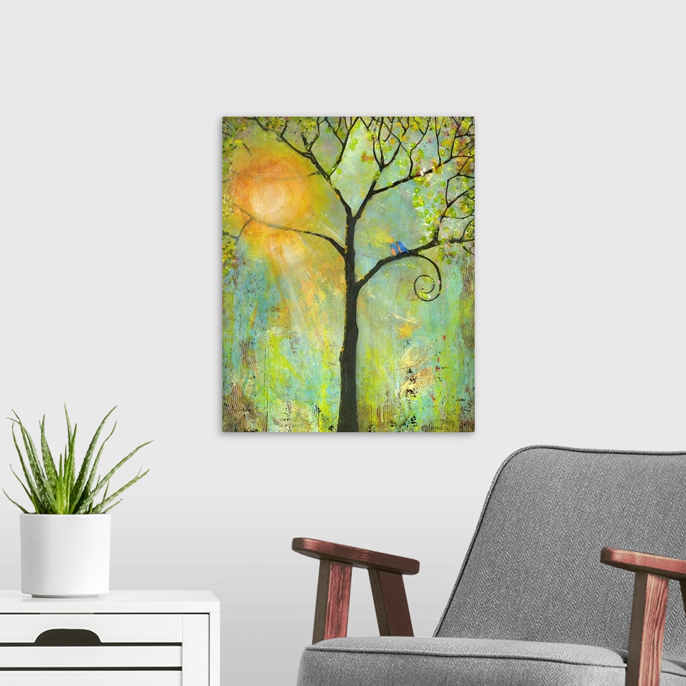 A modern room featuring Lighthearted contemporary painting of a tree with bare branches.