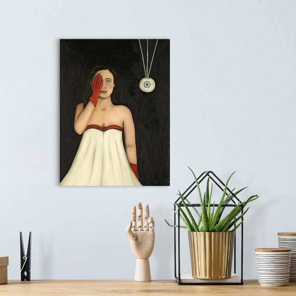 A bohemian room featuring Surrealist painting of a woman wearing a white dress and holding hand over her right eye. While a...