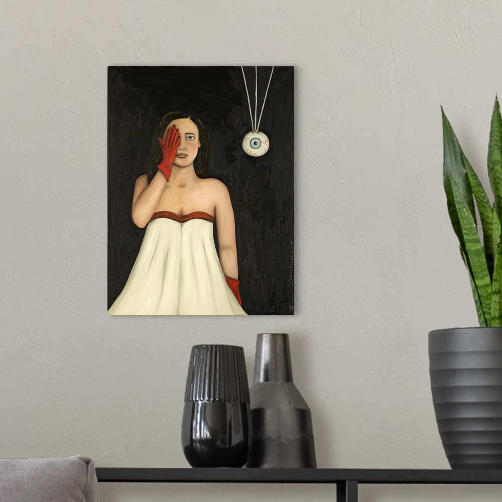 A modern room featuring Surrealist painting of a woman wearing a white dress and holding hand over her right eye. While a...