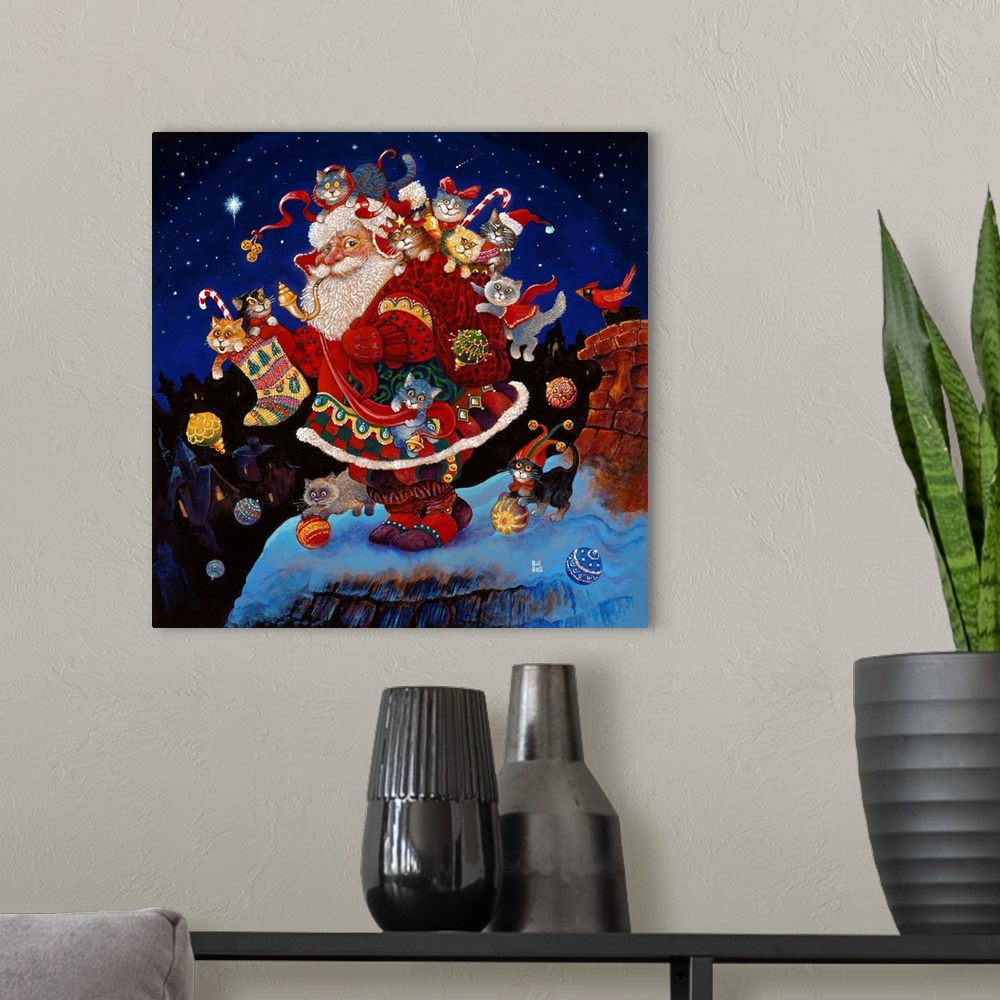 A modern room featuring Contemporary painting of jolly St. Nick covered in cats on a snowy roof.