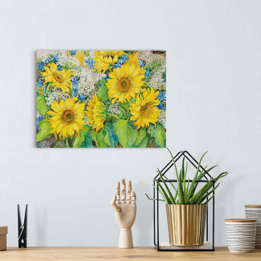 A bohemian room featuring Colorful contemporary painting of big yellow sunflowers.