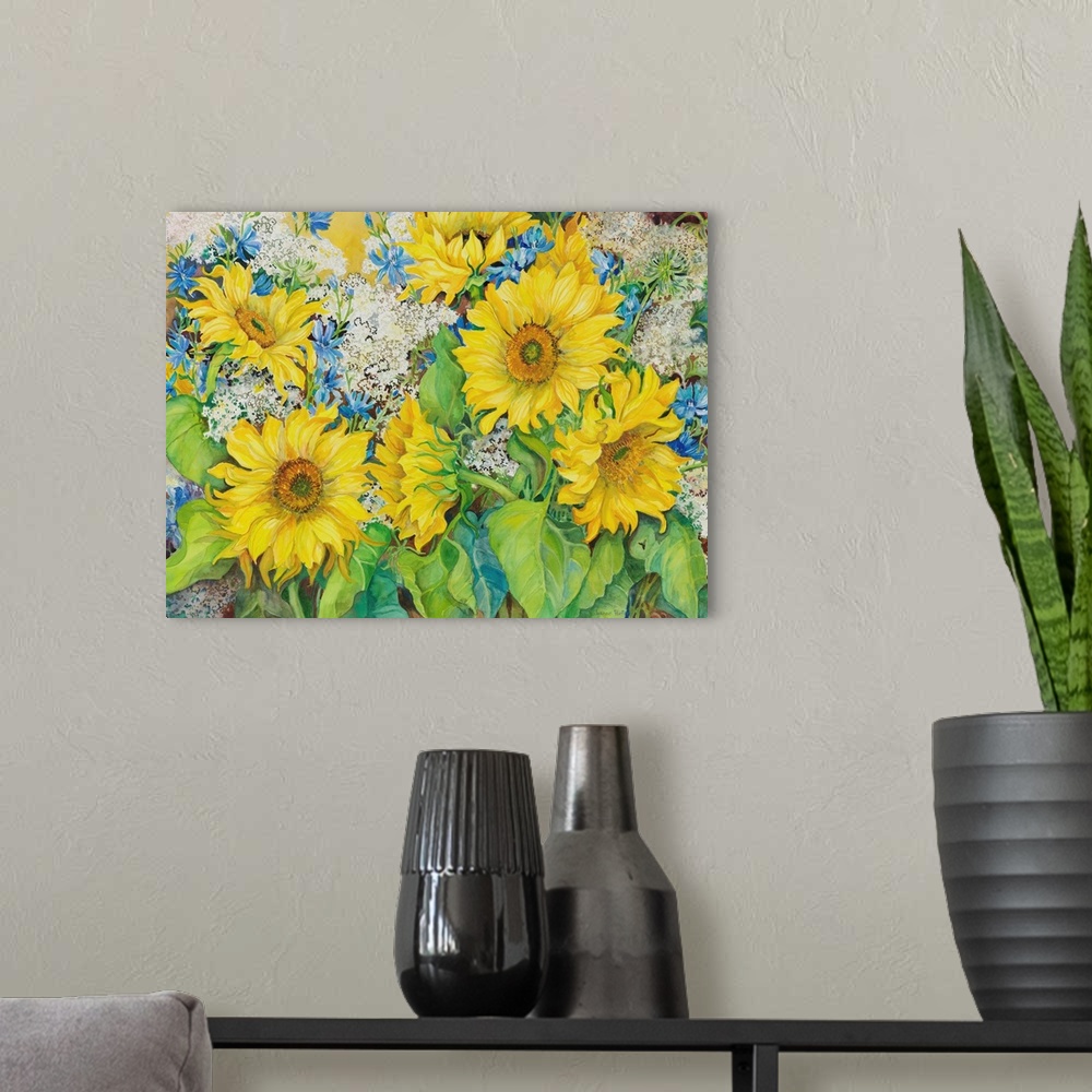 A modern room featuring Colorful contemporary painting of big yellow sunflowers.