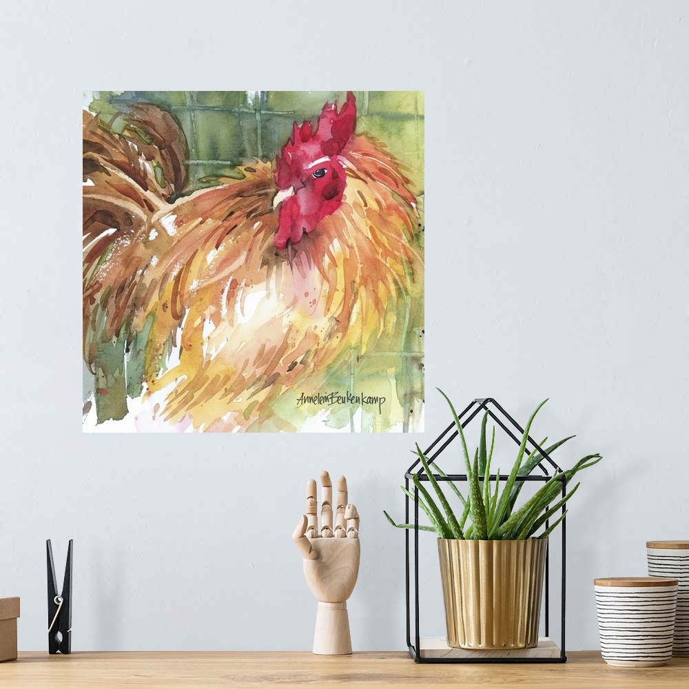 A bohemian room featuring Contemporary watercolor painting of a rooster.