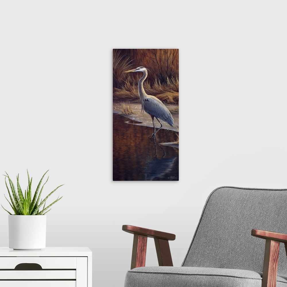 A modern room featuring Heron standing at the edge of the water.