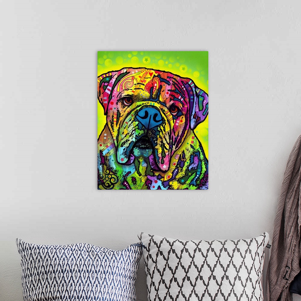 A bohemian room featuring Vibrant painting of a bulldog with graffiti-like designs on a bright green background with a yell...