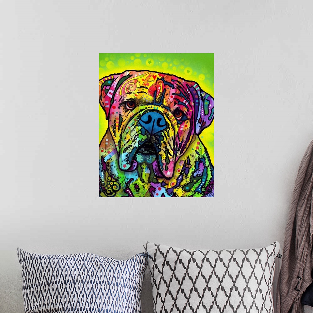 A bohemian room featuring Vibrant painting of a bulldog with graffiti-like designs on a bright green background with a yell...