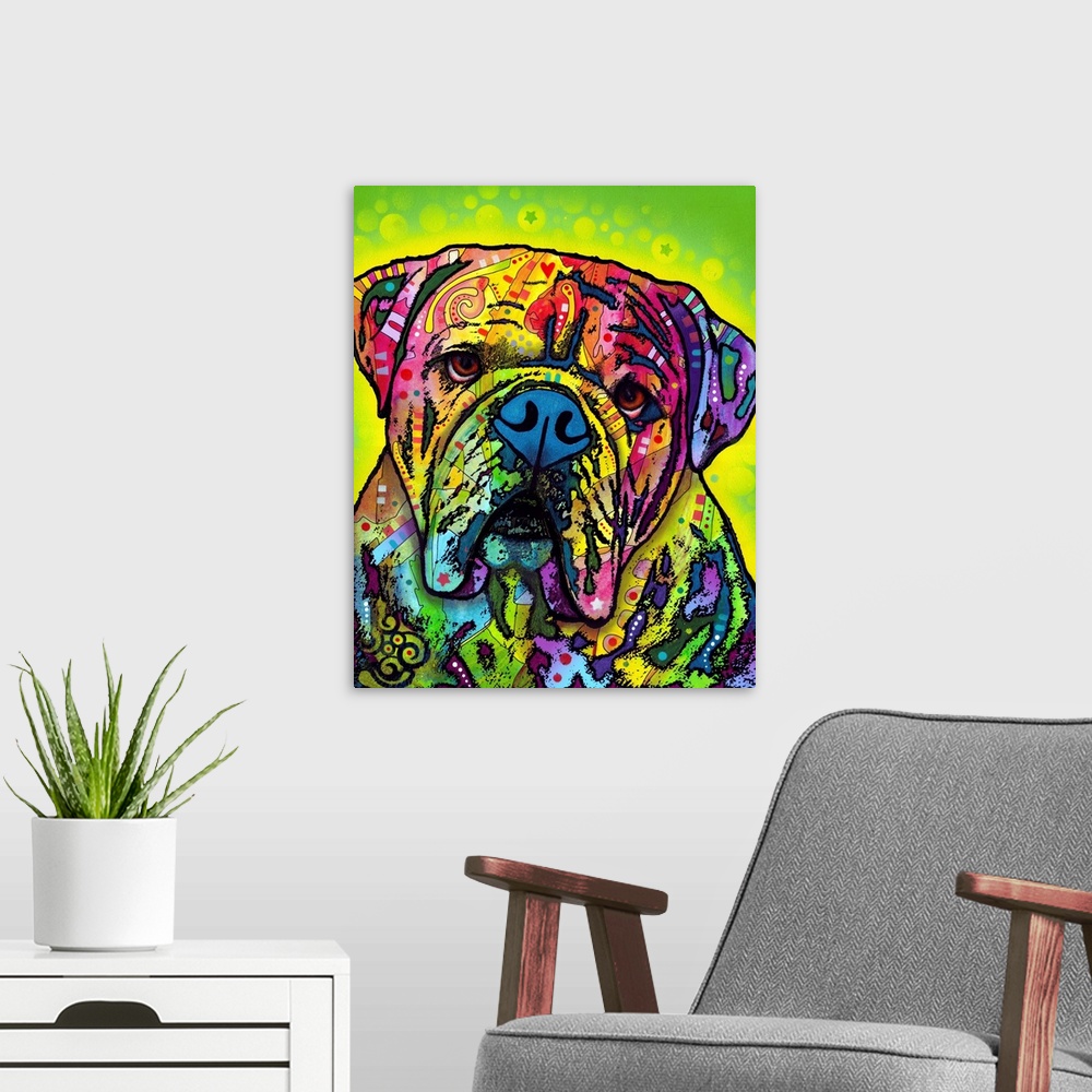A modern room featuring Vibrant painting of a bulldog with graffiti-like designs on a bright green background with a yell...