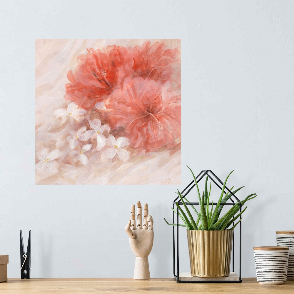A bohemian room featuring Contemporary painting of a group of hibiscus.