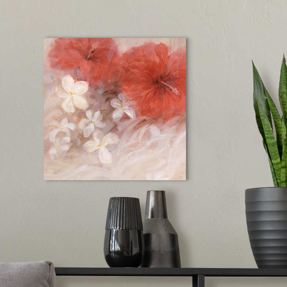 A modern room featuring Contemporary painting of a group of hibiscus.