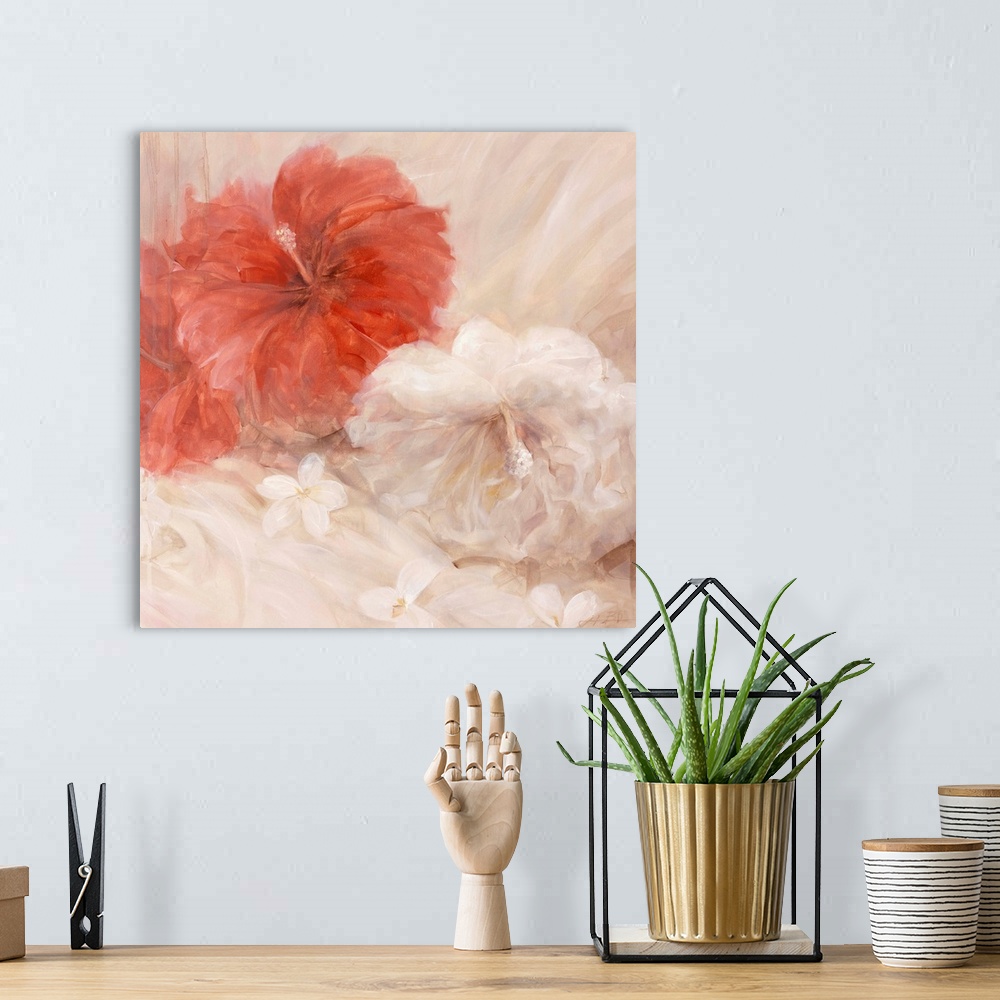 A bohemian room featuring Contemporary painting of a group of hibiscus.